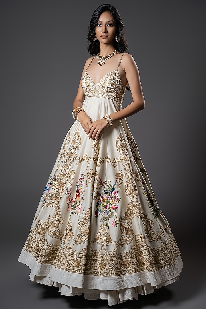 Ivory Chanderi Silk Resham Hand Embroidered Bridal Anarkali Set by Rohit Bal at Pernia's Pop Up Shop
