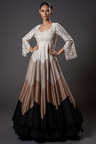 Ivory Chanderi Silk Floral Cutwork Anarkali Set by Rohit Bal