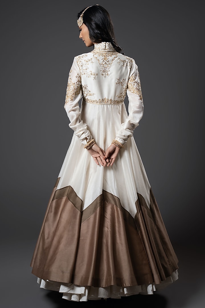 Ivory Chanderi Silk Floral Cutwork Angrakha Wedding Anarkali Set by Rohit Bal at Pernia's Pop Up Shop