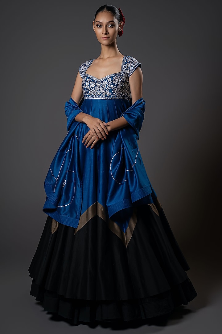 Blue Chanderi Silk Floral Embroidered Anarkali Set by Rohit Bal