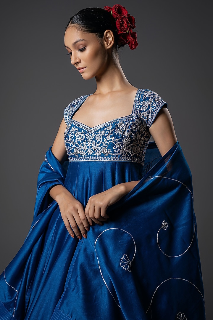 Blue Chanderi Silk Floral Embroidered Wedding Anarkali Set by Rohit Bal at Pernia's Pop Up Shop