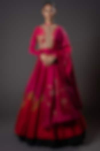 Fuchsia Red Chanderi Silk Floral Embroidered Anarkali Set by Rohit Bal