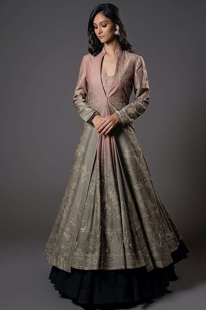 Ombre Chanderi Silk Shibori Digital Printed Jacket by Rohit Bal