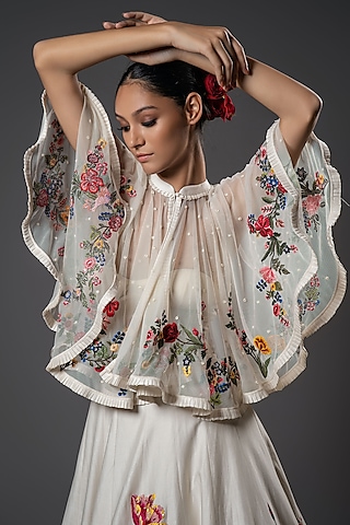 Ivory Soft Net Embroidered Cape by Rohit Bal