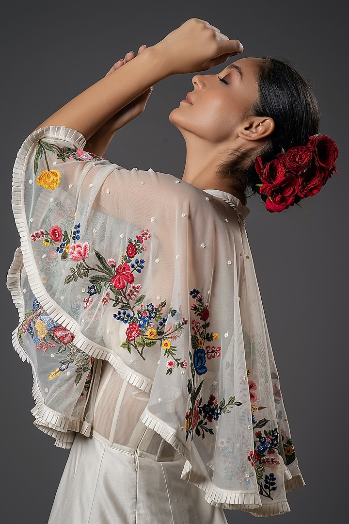 Ivory Soft Net Embroidered Cape by Rohit Bal at Pernia's Pop Up Shop