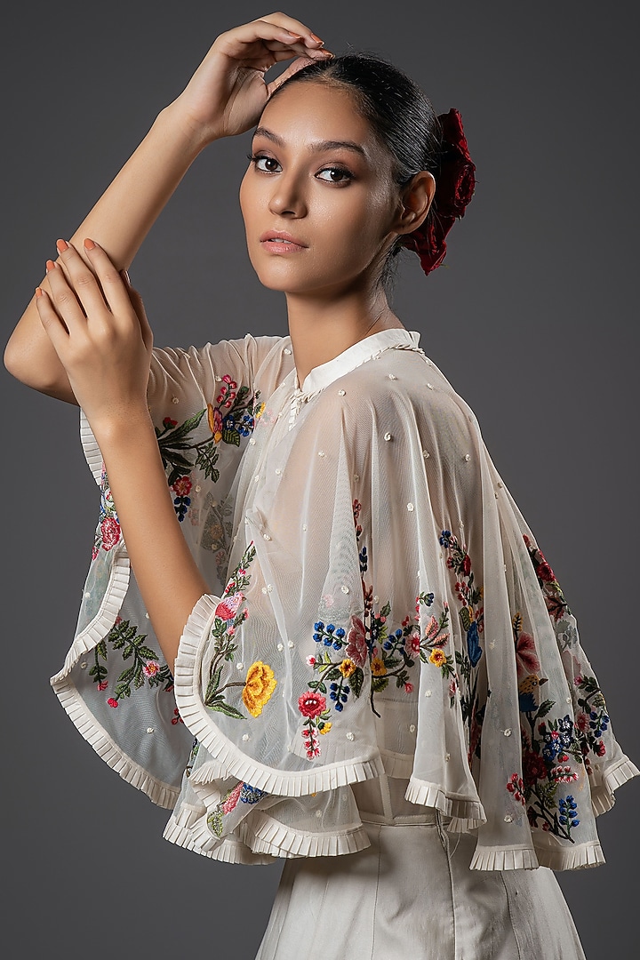 Ivory Soft Net Embroidered Cape by Rohit Bal at Pernia's Pop Up Shop