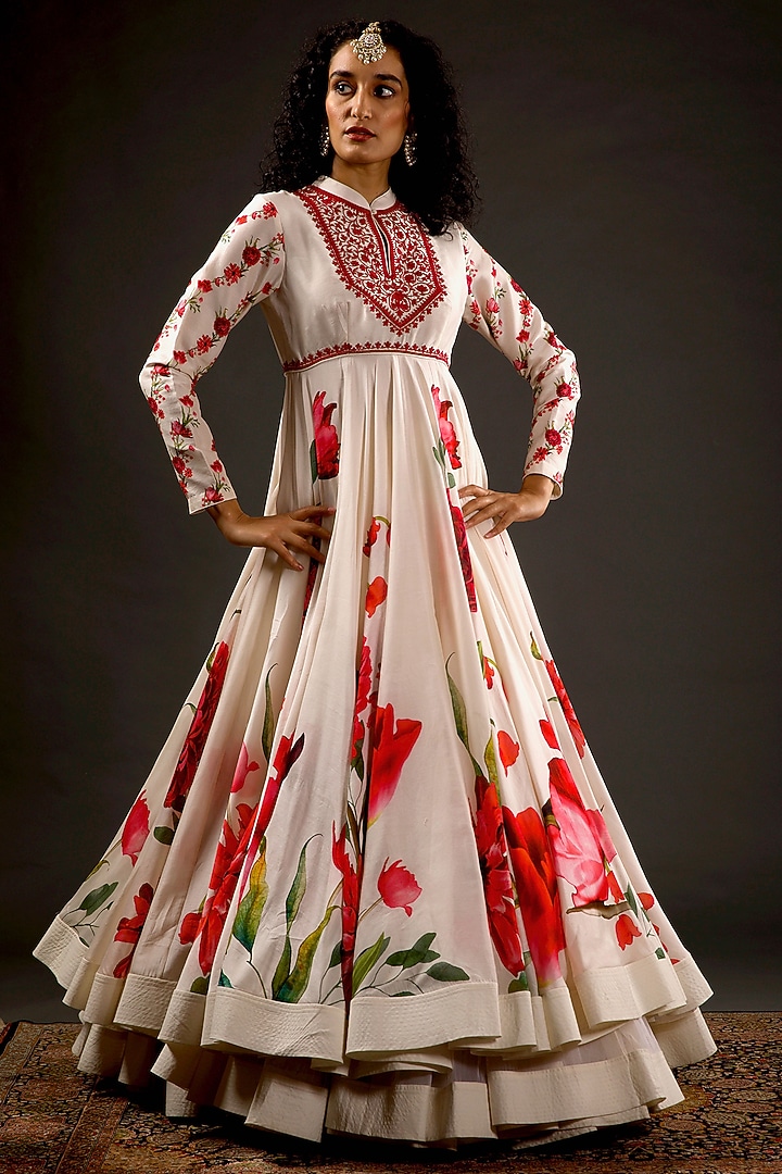 Ivory Embroidered & Printed Wedding Anarkali Set by Rohit Bal at Pernia's Pop Up Shop