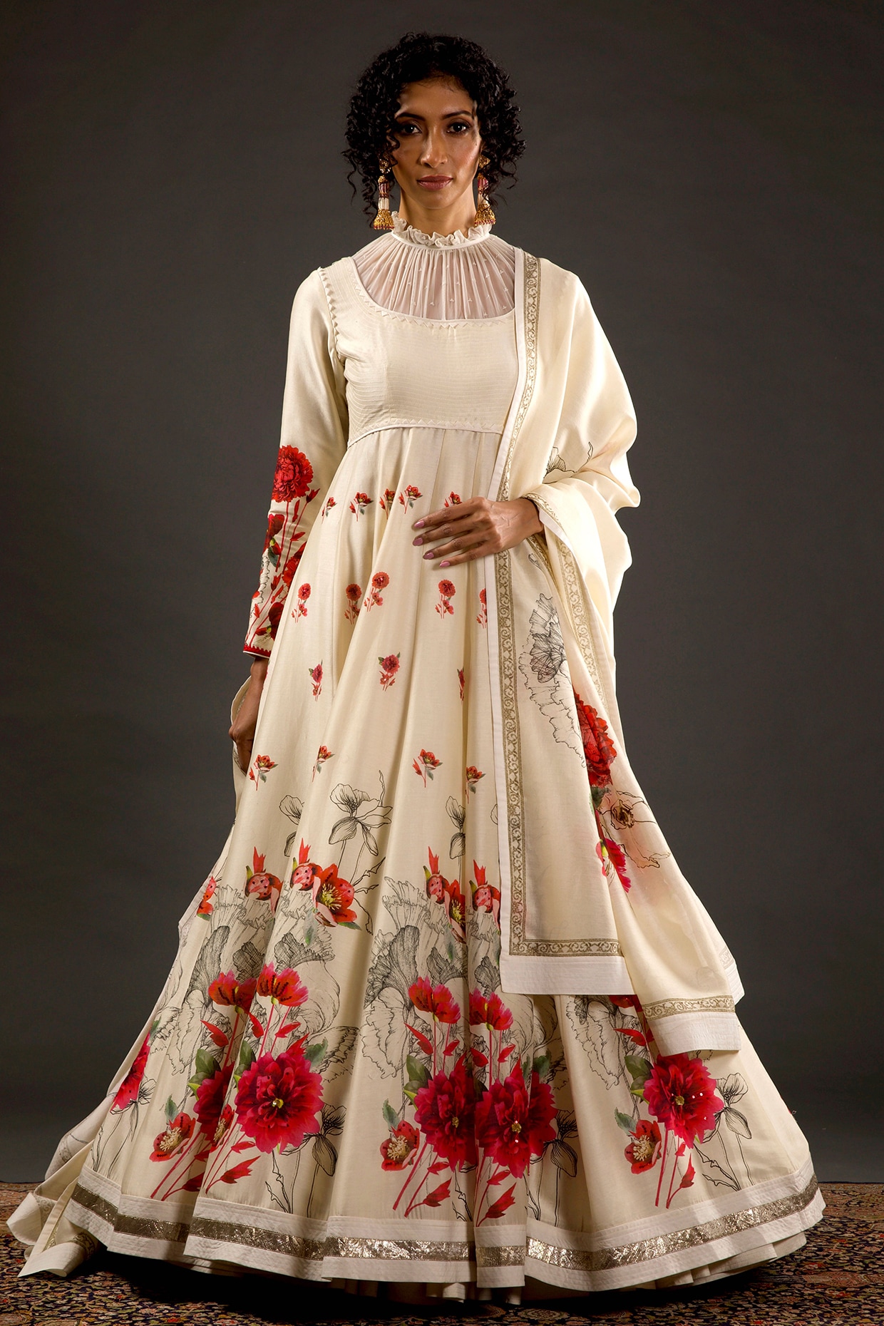 White Anarkali Gown Pant Set With Dupatta, Indian traditional Solid Co –  Dhinglimatching