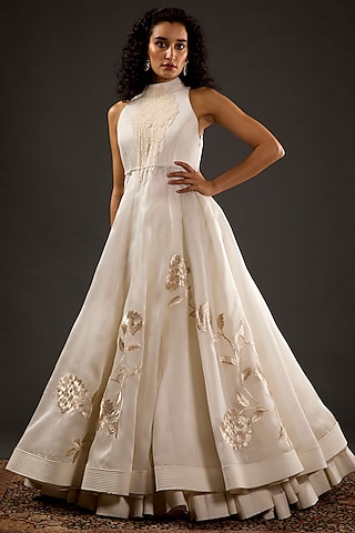 Ivory Resham & Thread Embroidered Anarkali Set by Rohit Bal