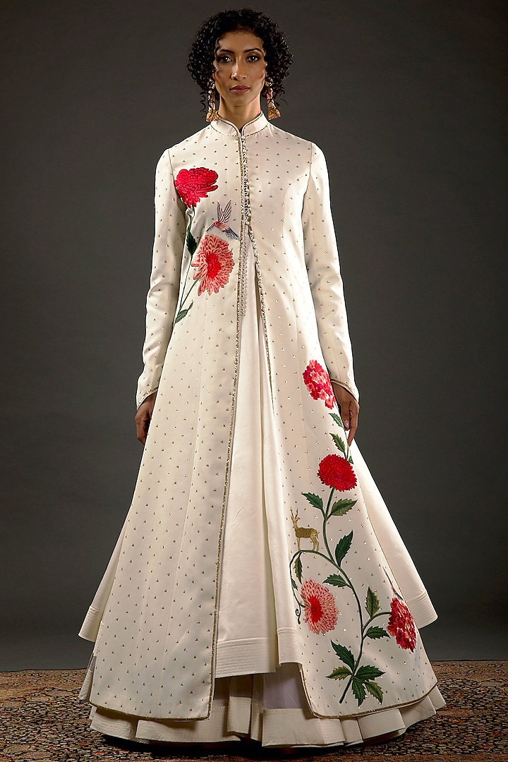 Ivory Embroidered Long Jacket by Rohit Bal