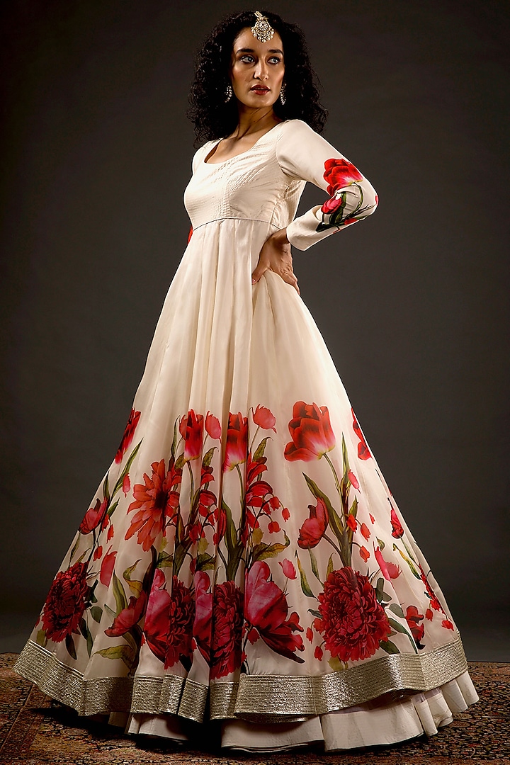 Ivory Digital Printed Wedding Anarkali Set by Rohit Bal at Pernia's Pop Up Shop