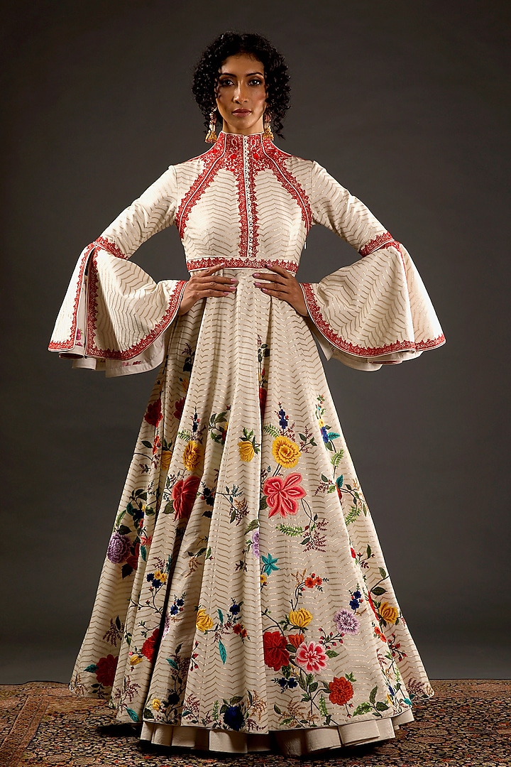 Ivory Printed & Embroidered Anarkali Set by Rohit Bal