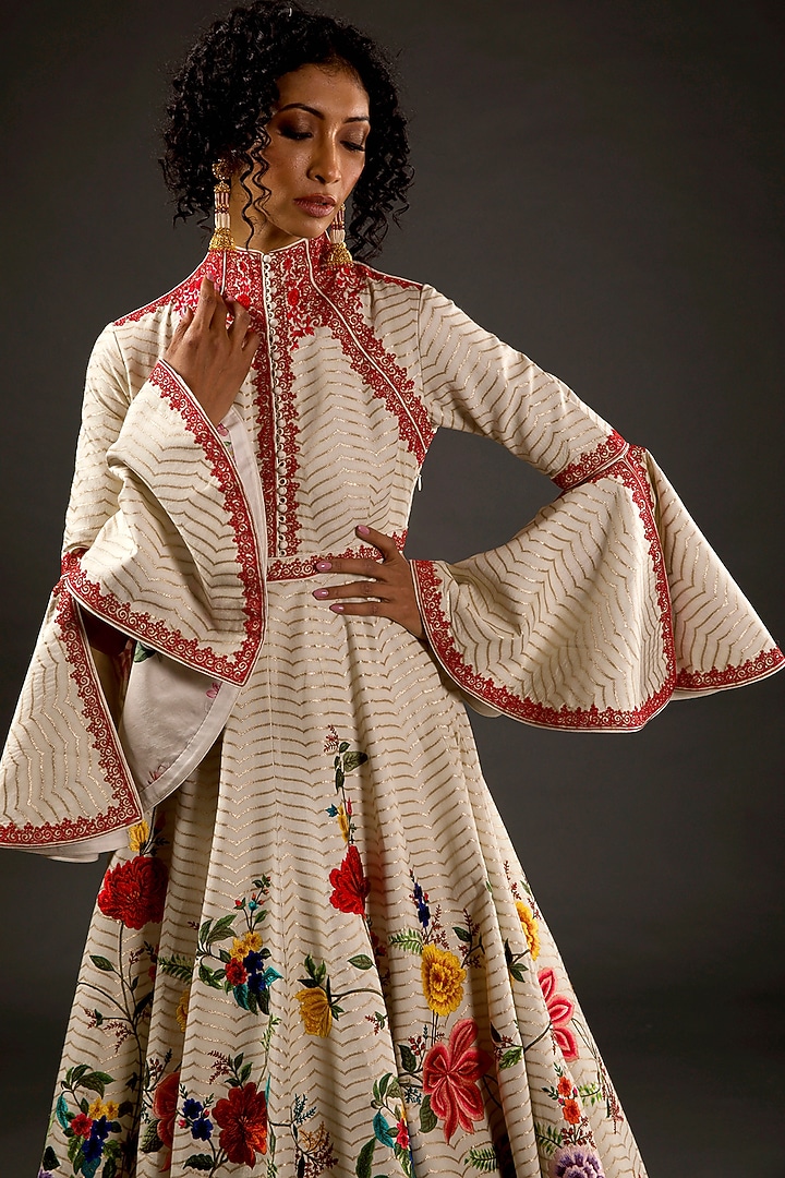 Ivory Printed & Embroidered Bridal Anarkali Set by Rohit Bal at Pernia's Pop Up Shop