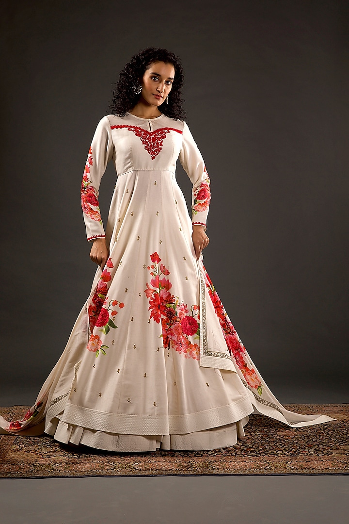 Ivory Printed & Embroidered Anarkali Set by Rohit Bal