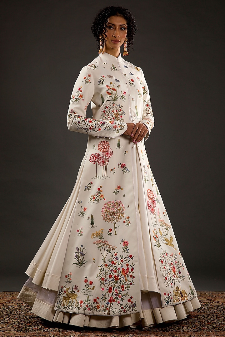 Ivory Resham & Thread Embroidered Long Jacket by Rohit Bal