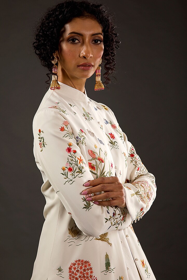 Ivory Resham & Thread Embroidered Long Jacket by Rohit Bal at Pernia's Pop Up Shop