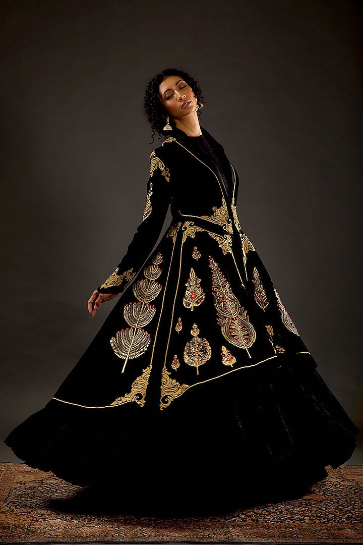 Black Hand Embroidered Long Jacket by Rohit Bal
