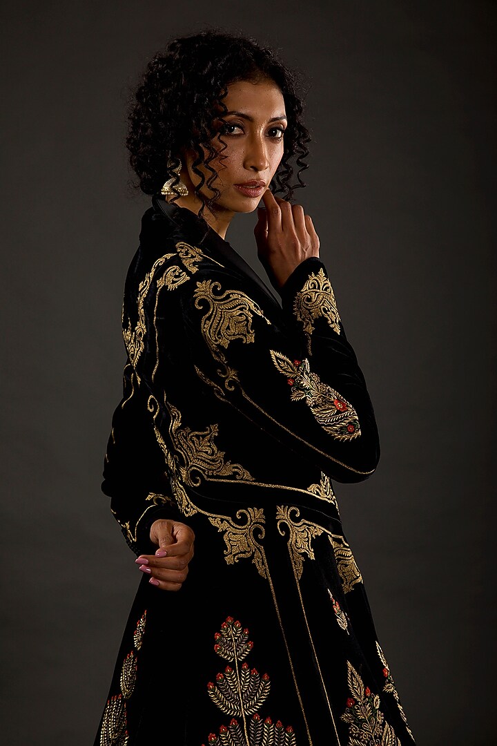 Black Hand Embroidered Long Jacket by Rohit Bal at Pernia's Pop Up Shop
