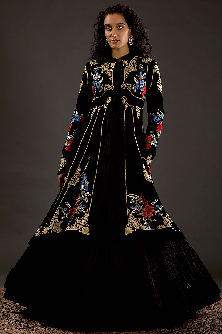Black Hand-Embroidered Long Jacket by Rohit Bal