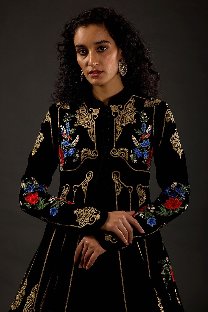 Black Hand-Embroidered Long Jacket by Rohit Bal at Pernia's Pop Up Shop