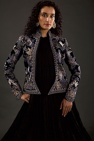 Indigo Resham Thread Embroidered Short Jacket by Rohit Bal