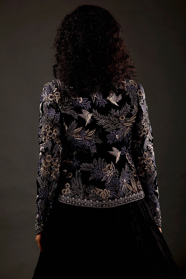 Indigo Resham Thread Embroidered Short Jacket by Rohit Bal at Pernia's Pop Up Shop