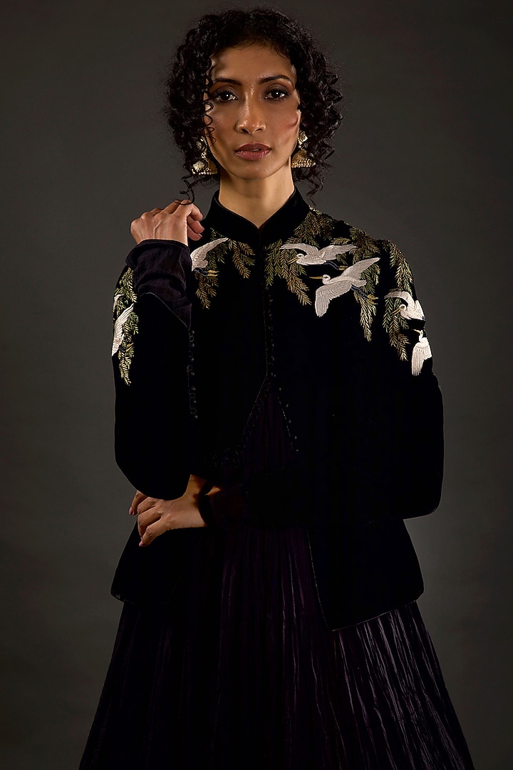 Black Embroidered Short Jacket by Rohit Bal