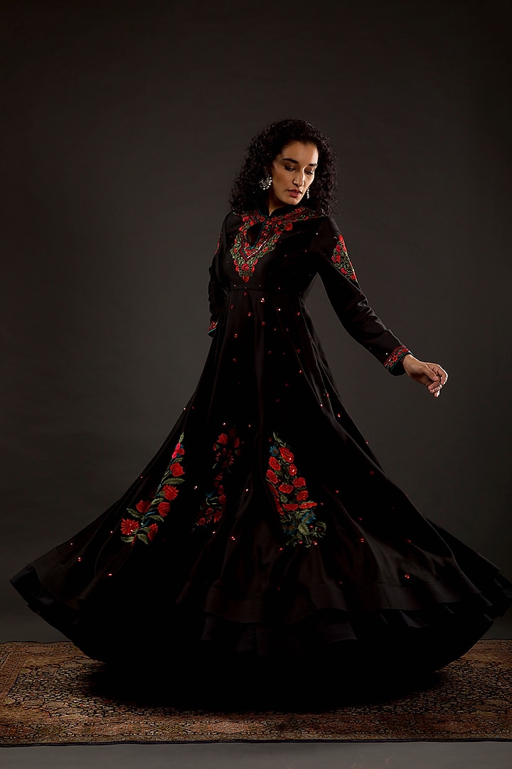 Black Hand Embroidered Anarkali Set by Rohit Bal