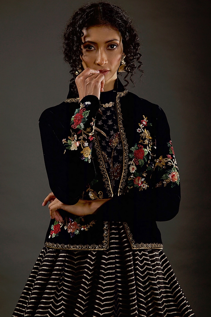 Black Hand Embroidered Short Jacket by Rohit Bal