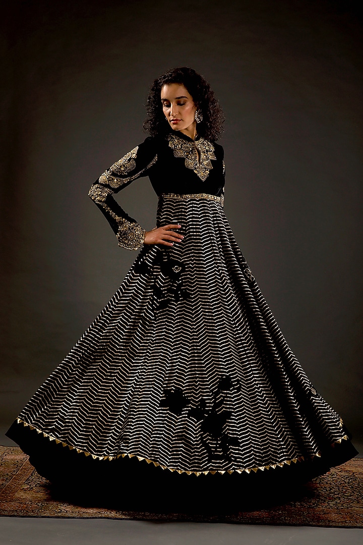 Black Anarkali Set With Hand Embroidery by Rohit Bal