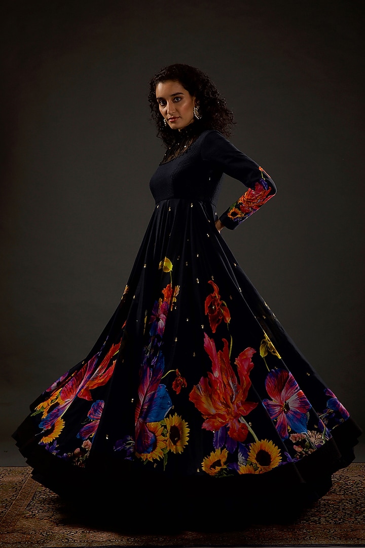 Black Chanderi Silk Wedding Anarkali Set by Rohit Bal at Pernia's Pop Up Shop