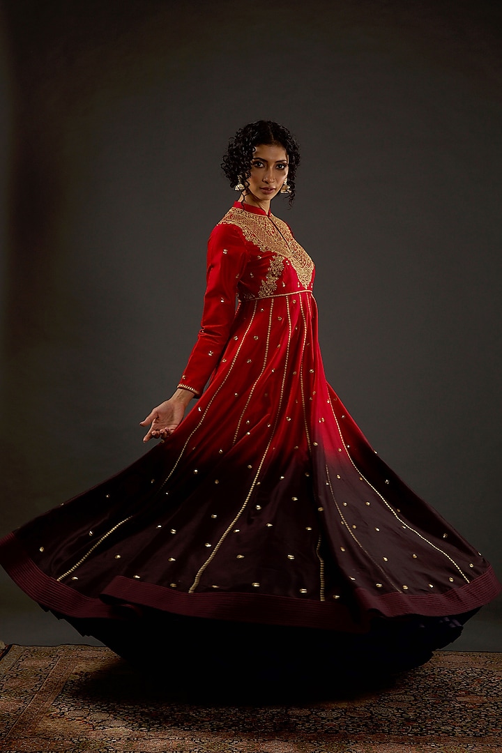 Bindi Red Ombre Hand Embroidered Anarkali Set by Rohit Bal