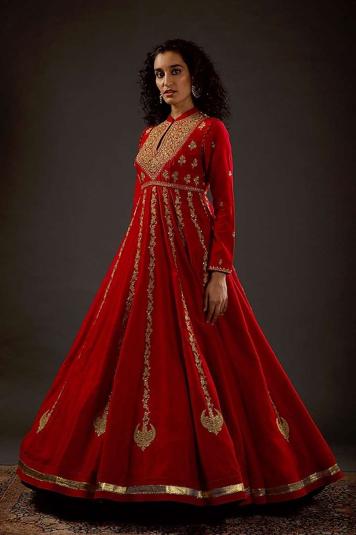 Bindi Red Hand Embroidered Anarkali Set by Rohit Bal