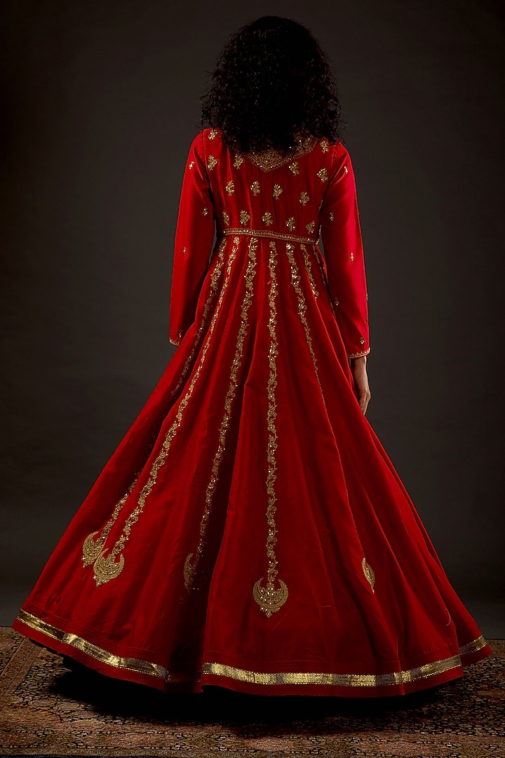 Bindi Red Hand Embroidered Bridal Anarkali Set by Rohit Bal at Pernia's Pop Up Shop