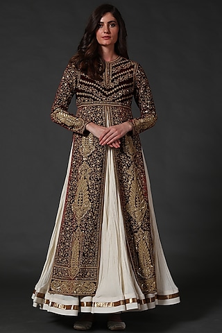 Wine & Ivory Hand Embroidered Split Anarkali Set by Rohit Bal