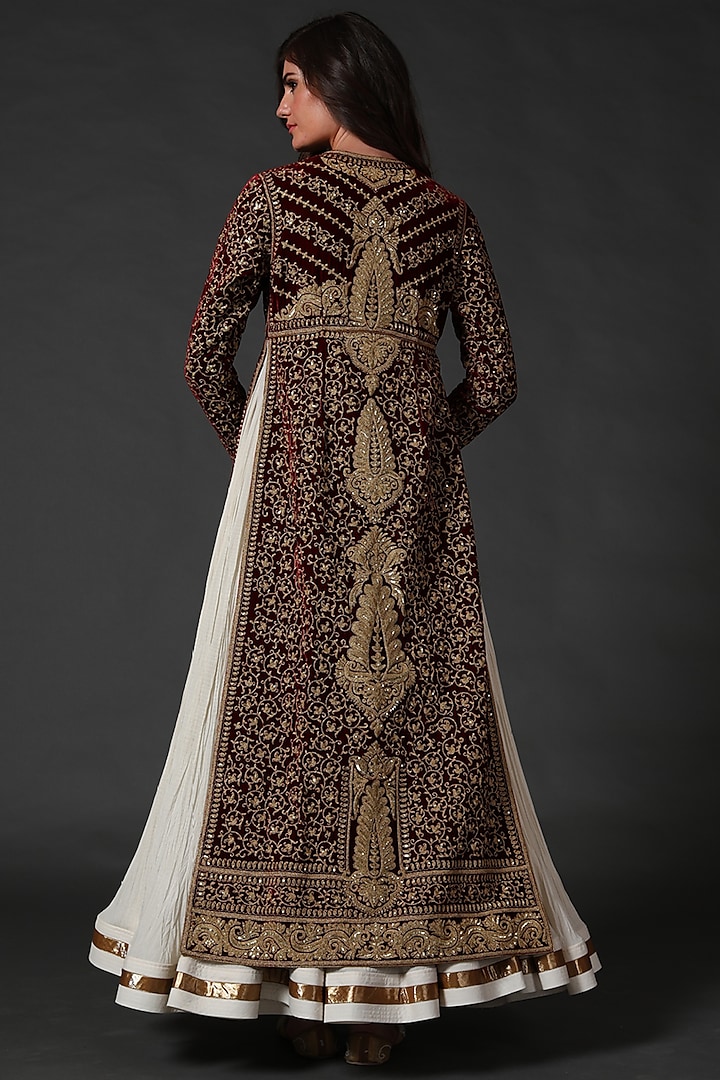 Wine & Ivory Hand Embroidered Split Bridal Anarkali Set by Rohit Bal at Pernia's Pop Up Shop
