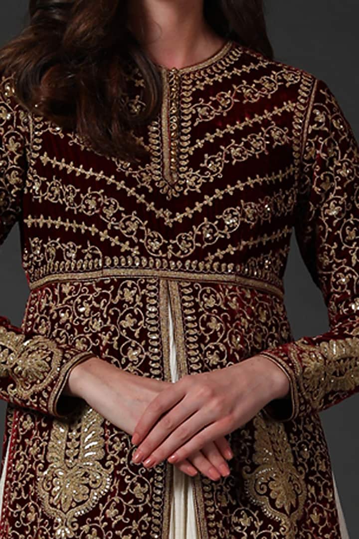 Wine & Ivory Hand Embroidered Split Bridal Anarkali Set by Rohit Bal at Pernia's Pop Up Shop