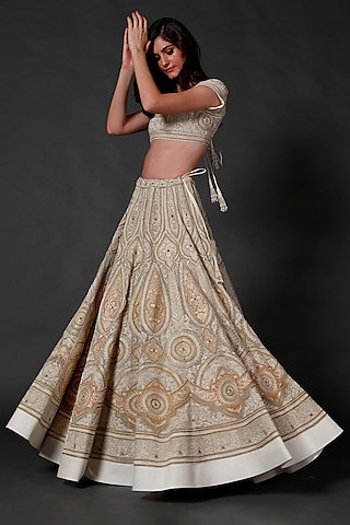 Ivory Machine & Hand Embroidered Lehenga Set by Rohit Bal