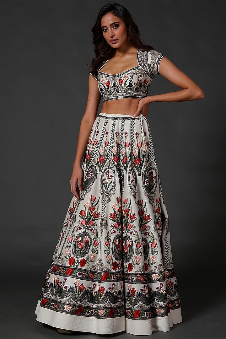 Ivory Machine Embroidered Lehenga Set by Rohit Bal