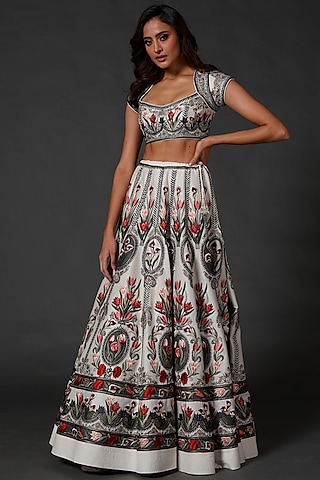 Ivory Machine Embroidered Lehenga Set by Rohit Bal