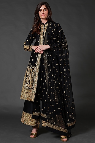 Black Machine & Hand Embroidered Kurta Set by Rohit Bal
