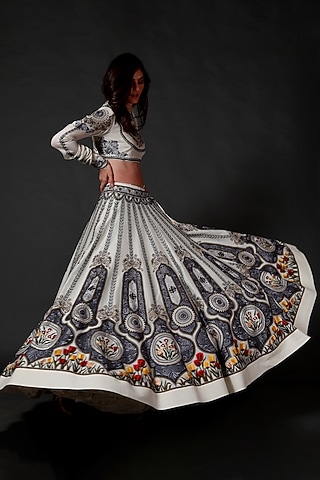 Ivory Lehenga Set With Machine Embroidery by Rohit Bal