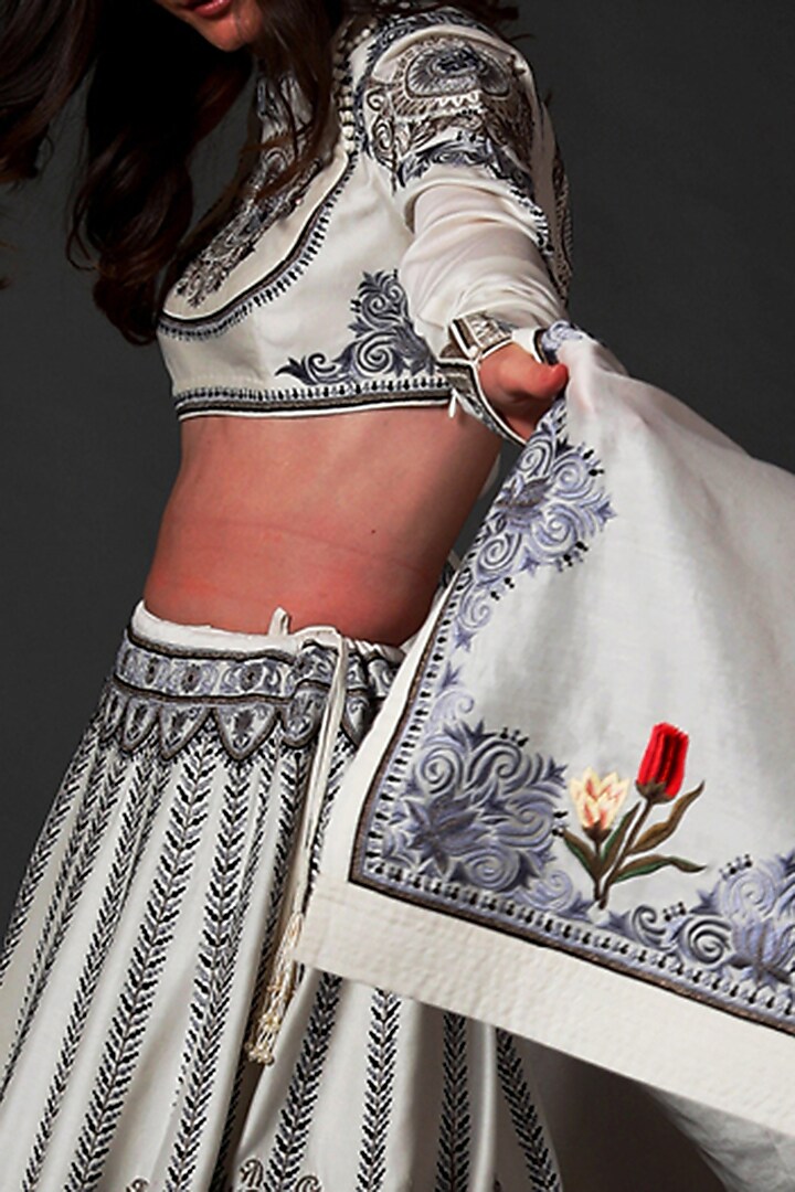 Ivory Bridal Lehenga Set With Machine Embroidery by Rohit Bal at Pernia's Pop Up Shop