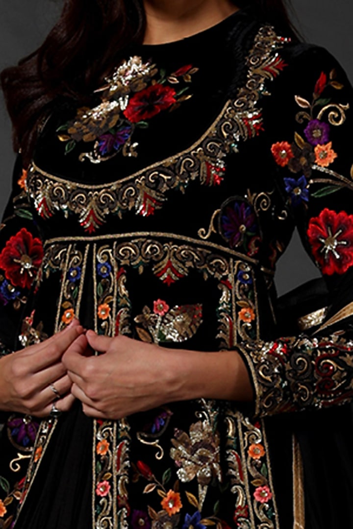 Black Machine & Hand Embroidered Bridal Anarkali Set by Rohit Bal at Pernia's Pop Up Shop
