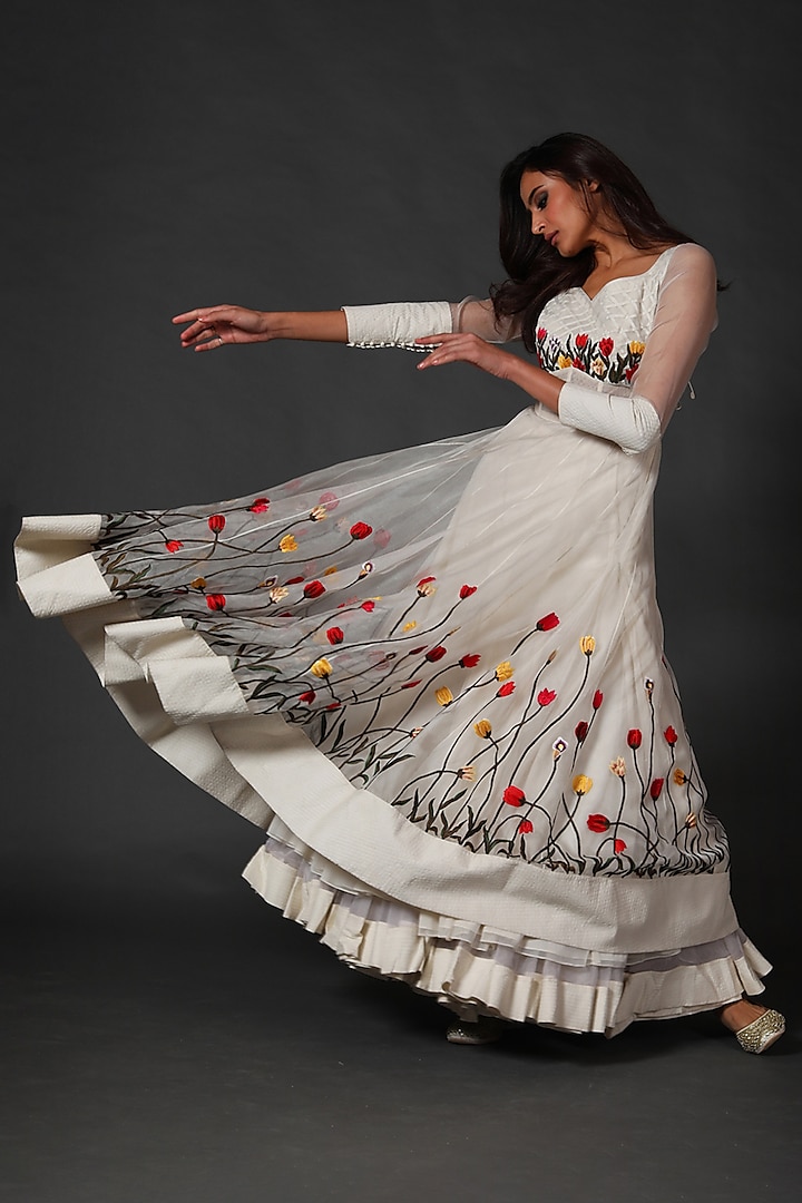Ivory Anarkali Set With Machine Embroidery by Rohit Bal