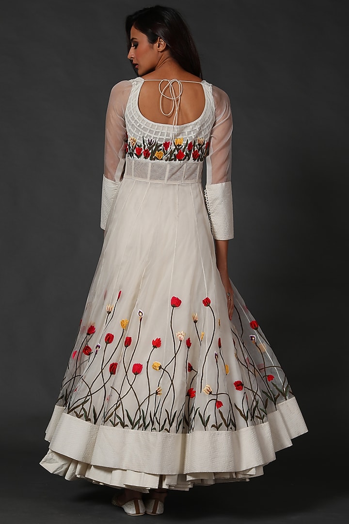 Ivory Bridal Anarkali Set With Machine Embroidery by Rohit Bal at Pernia's Pop Up Shop