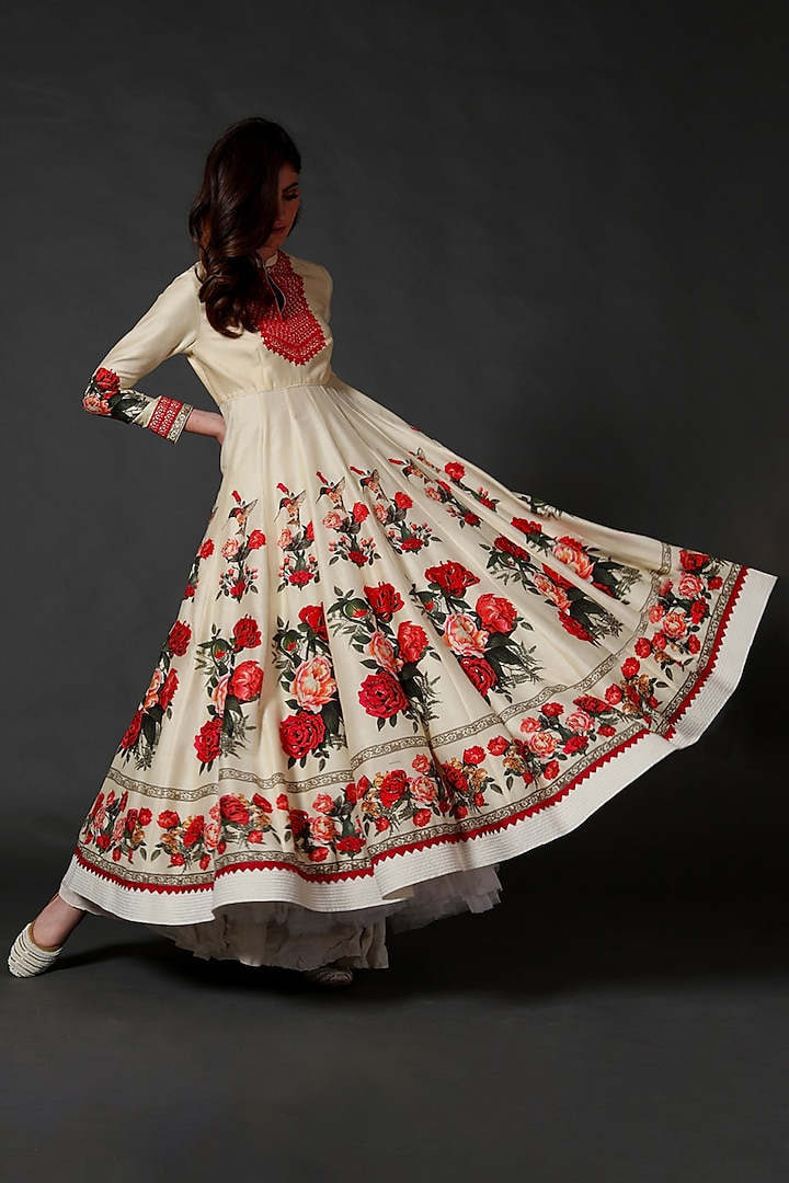 Ivory Digital Printed Anarkali Set by Rohit Bal