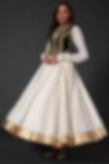 Ivory Anarkali Set With Embroidered Koti by Rohit Bal