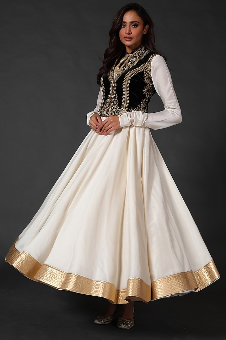 Ivory Anarkali Set With Embroidered Koti by Rohit Bal