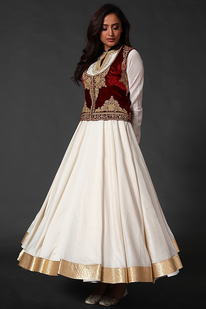 Ivory Anarkali Set With Wine Embroidered Koti by Rohit Bal